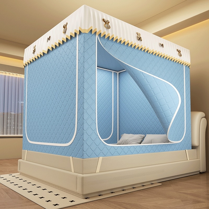 无瑕家居 2025新款加厚遮光防蚊拉链式纯色夹棉遮光款坐床防摔蚊帐床幔不漏风保暖蚊帐 小熊-雾霾蓝【五面保暖夹棉】