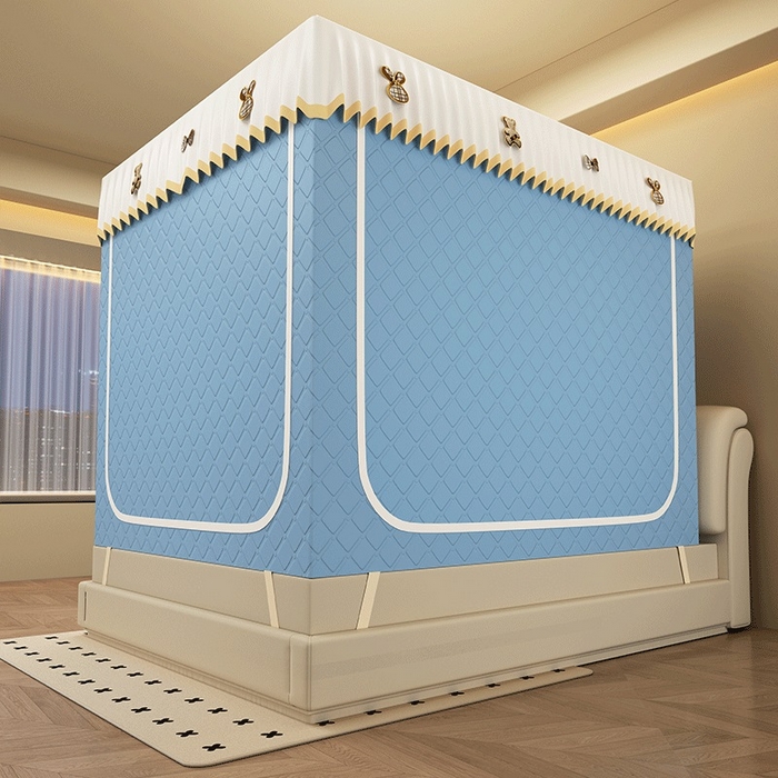 91家纺网 家纺一手货源 找家纺 无瑕家居 2025新款加厚遮光防蚊拉链式纯色夹棉遮光款坐床防摔蚊帐床幔不漏风保暖蚊帐 小熊-雾霾蓝【五面保暖夹棉】