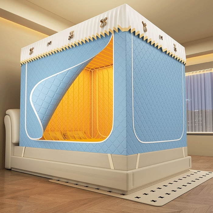 91家纺网 家纺一手货源 找家纺 无瑕家居 2025新款加厚遮光防蚊拉链式纯色夹棉遮光款坐床防摔蚊帐床幔不漏风保暖蚊帐 小熊-雾霾蓝【五面保暖夹棉】