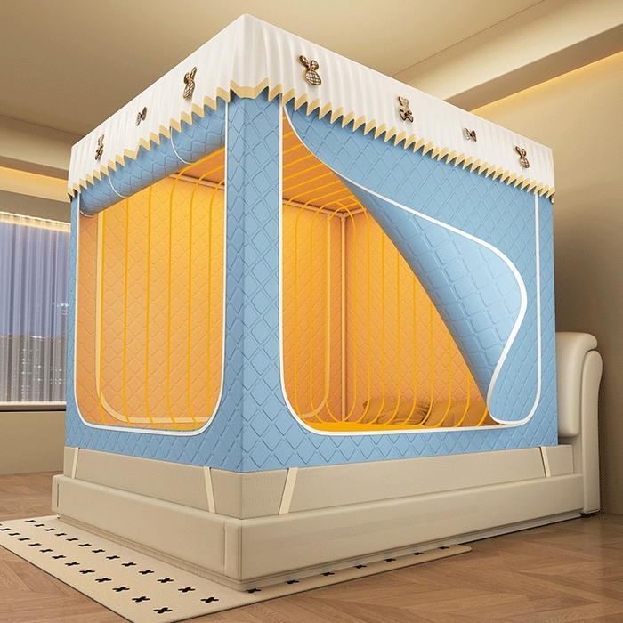 91家纺网 家纺一手货源 找家纺 无瑕家居 2025新款加厚遮光防蚊拉链式纯色夹棉遮光款坐床防摔蚊帐床幔不漏风保暖蚊帐 小熊-雾霾蓝【五面保暖夹棉】