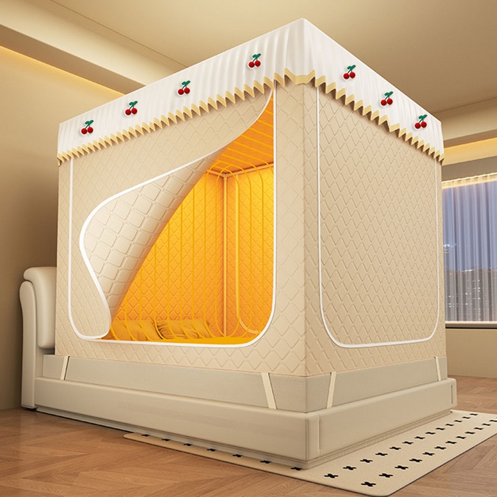 91家纺网 家纺一手货源 找家纺 无瑕家居 2025新款加厚遮光防蚊拉链式纯色夹棉遮光款坐床防摔蚊帐床幔不漏风保暖蚊帐 樱桃-奶油米【五面保暖夹棉】