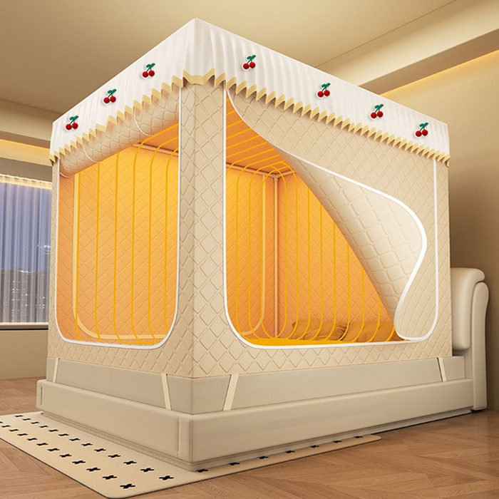 91家纺网 家纺一手货源 找家纺 无瑕家居 2025新款加厚遮光防蚊拉链式纯色夹棉遮光款坐床防摔蚊帐床幔不漏风保暖蚊帐 樱桃-奶油米【五面保暖夹棉】