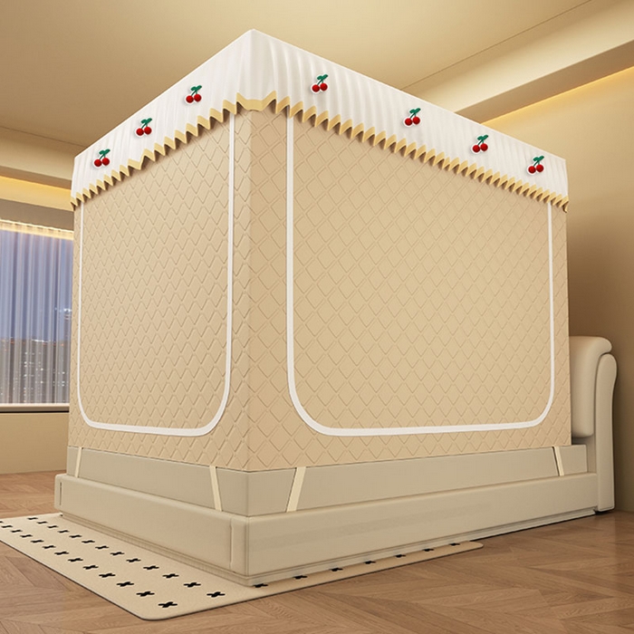 91家纺网 家纺一手货源 找家纺 无瑕家居 2025新款加厚遮光防蚊拉链式纯色夹棉遮光款坐床防摔蚊帐床幔不漏风保暖蚊帐 樱桃-奶油米【五面保暖夹棉】