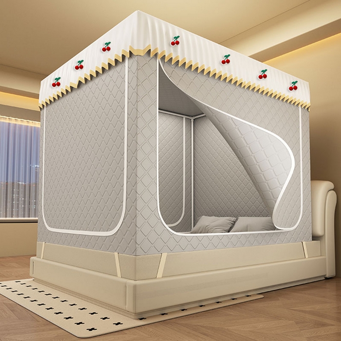 无瑕家居 2025新款加厚遮光防蚊拉链式纯色夹棉遮光款坐床防摔蚊帐床幔不漏风保暖蚊帐 樱桃-浅浅灰【五面保暖夹棉】