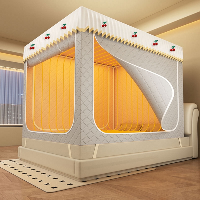 91家纺网 家纺一手货源 找家纺 无瑕家居 2025新款加厚遮光防蚊拉链式纯色夹棉遮光款坐床防摔蚊帐床幔不漏风保暖蚊帐 樱桃-浅浅灰【五面保暖夹棉】