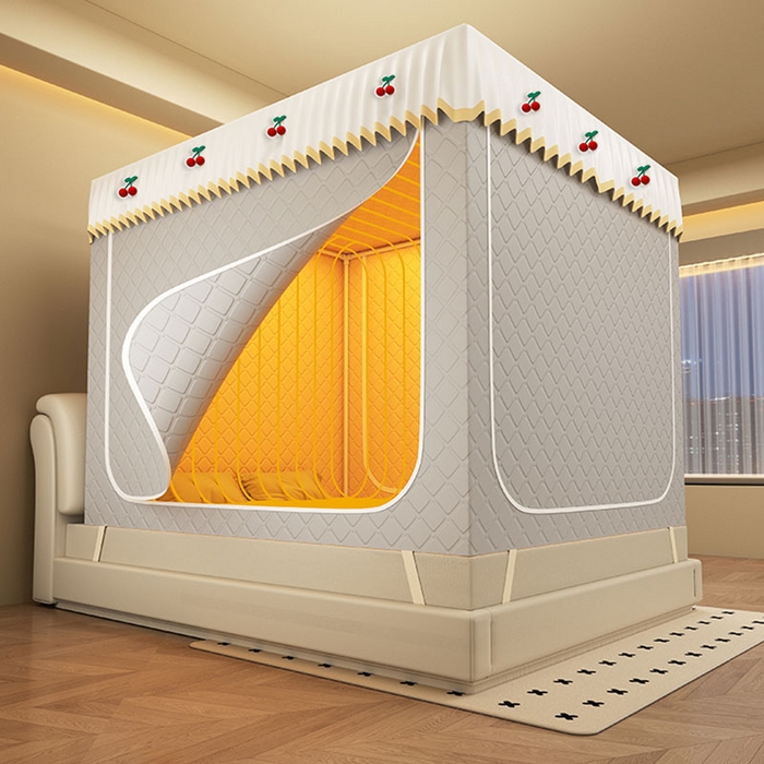 91家纺网 家纺一手货源 找家纺 无瑕家居 2025新款加厚遮光防蚊拉链式纯色夹棉遮光款坐床防摔蚊帐床幔不漏风保暖蚊帐 樱桃-浅浅灰【五面保暖夹棉】