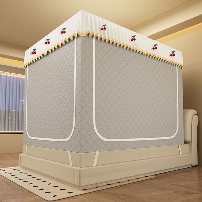 91家纺网 家纺一手货源 找家纺 无瑕家居 2025新款加厚遮光防蚊拉链式纯色夹棉遮光款坐床防摔蚊帐床幔不漏风保暖蚊帐 樱桃-浅浅灰【五面保暖夹棉】