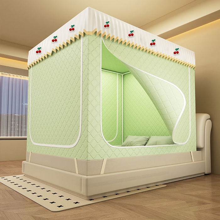 无瑕家居 2025新款加厚遮光防蚊拉链式纯色夹棉遮光款坐床防摔蚊帐床幔不漏风保暖蚊帐 樱桃-青草绿【五面保暖夹棉】