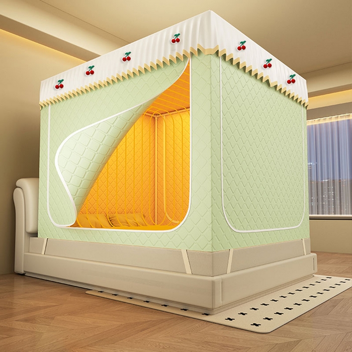 91家纺网 家纺一手货源 找家纺 无瑕家居 2025新款加厚遮光防蚊拉链式纯色夹棉遮光款坐床防摔蚊帐床幔不漏风保暖蚊帐 樱桃-青草绿【五面保暖夹棉】