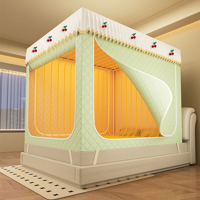 91家纺网 家纺一手货源 找家纺 无瑕家居 2025新款加厚遮光防蚊拉链式纯色夹棉遮光款坐床防摔蚊帐床幔不漏风保暖蚊帐 樱桃-青草绿【五面保暖夹棉】