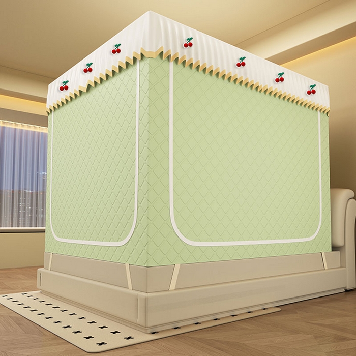 91家纺网 家纺一手货源 找家纺 无瑕家居 2025新款加厚遮光防蚊拉链式纯色夹棉遮光款坐床防摔蚊帐床幔不漏风保暖蚊帐 樱桃-青草绿【五面保暖夹棉】