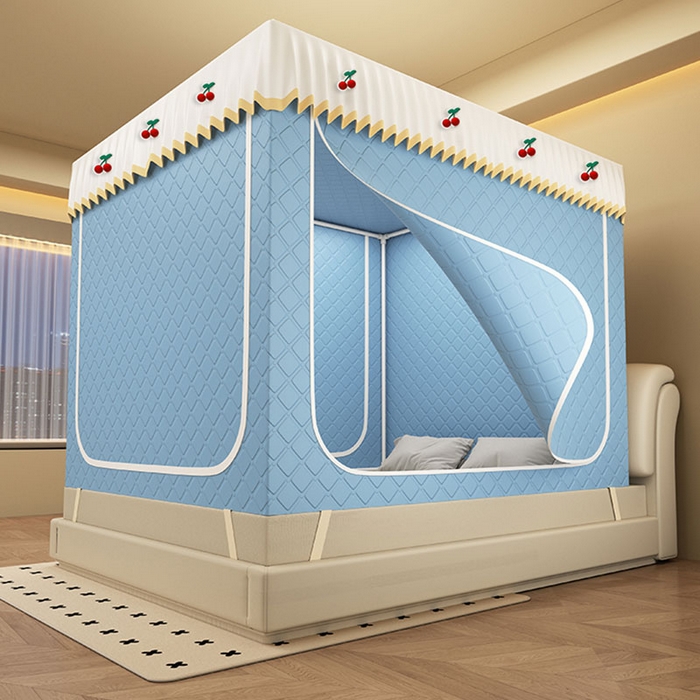 无瑕家居 2025新款加厚遮光防蚊拉链式纯色夹棉遮光款坐床防摔蚊帐床幔不漏风保暖蚊帐 樱桃-雾霾蓝【五面保暖夹棉】