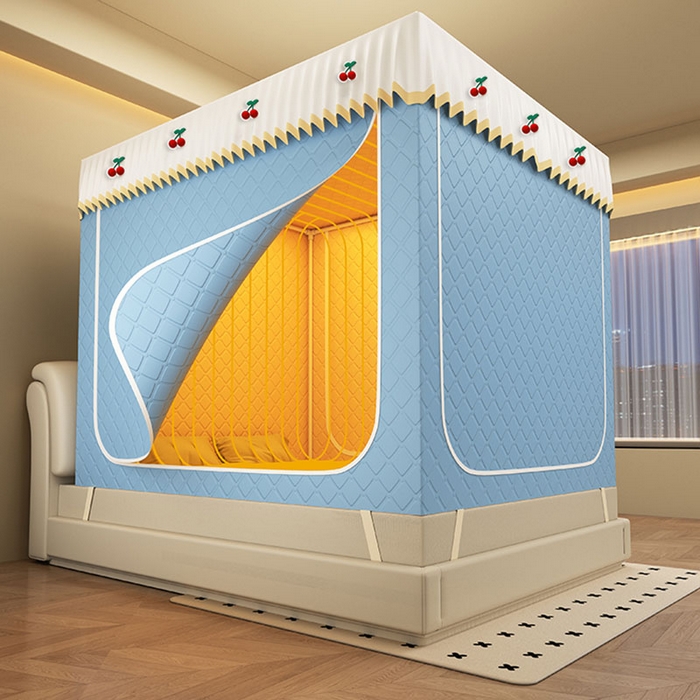 91家纺网 家纺一手货源 找家纺 无瑕家居 2025新款加厚遮光防蚊拉链式纯色夹棉遮光款坐床防摔蚊帐床幔不漏风保暖蚊帐 樱桃-雾霾蓝【五面保暖夹棉】