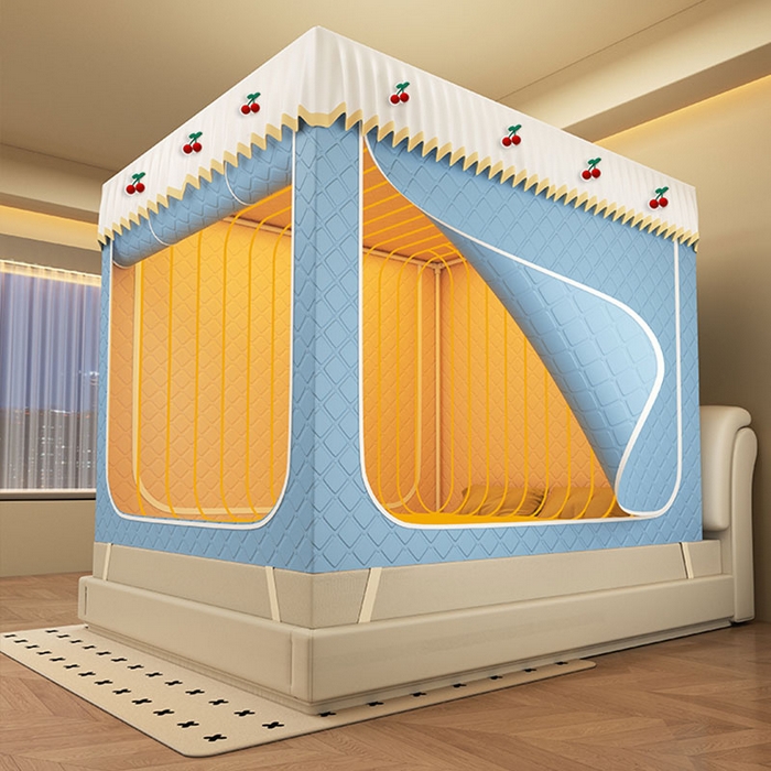 91家纺网 家纺一手货源 找家纺 无瑕家居 2025新款加厚遮光防蚊拉链式纯色夹棉遮光款坐床防摔蚊帐床幔不漏风保暖蚊帐 樱桃-雾霾蓝【五面保暖夹棉】