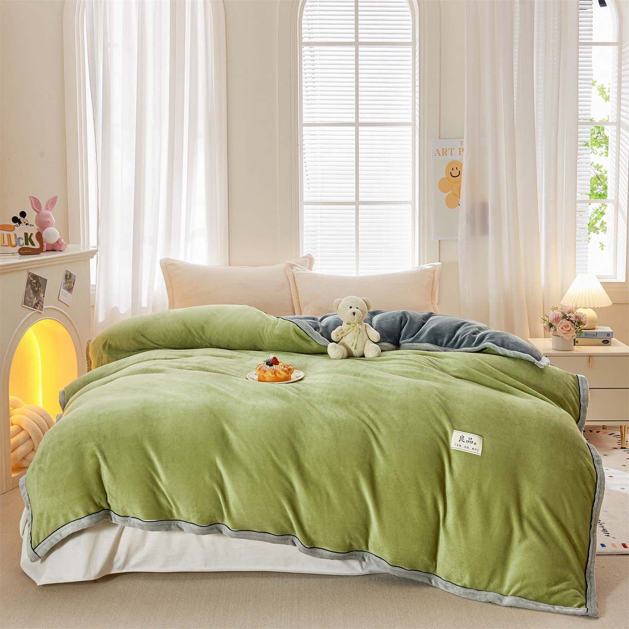 91家纺网 家纺一手货源 找家纺 天之澜家纺 2025新款多功能牛奶绒单被套盖毯（不含被芯） 豆绿