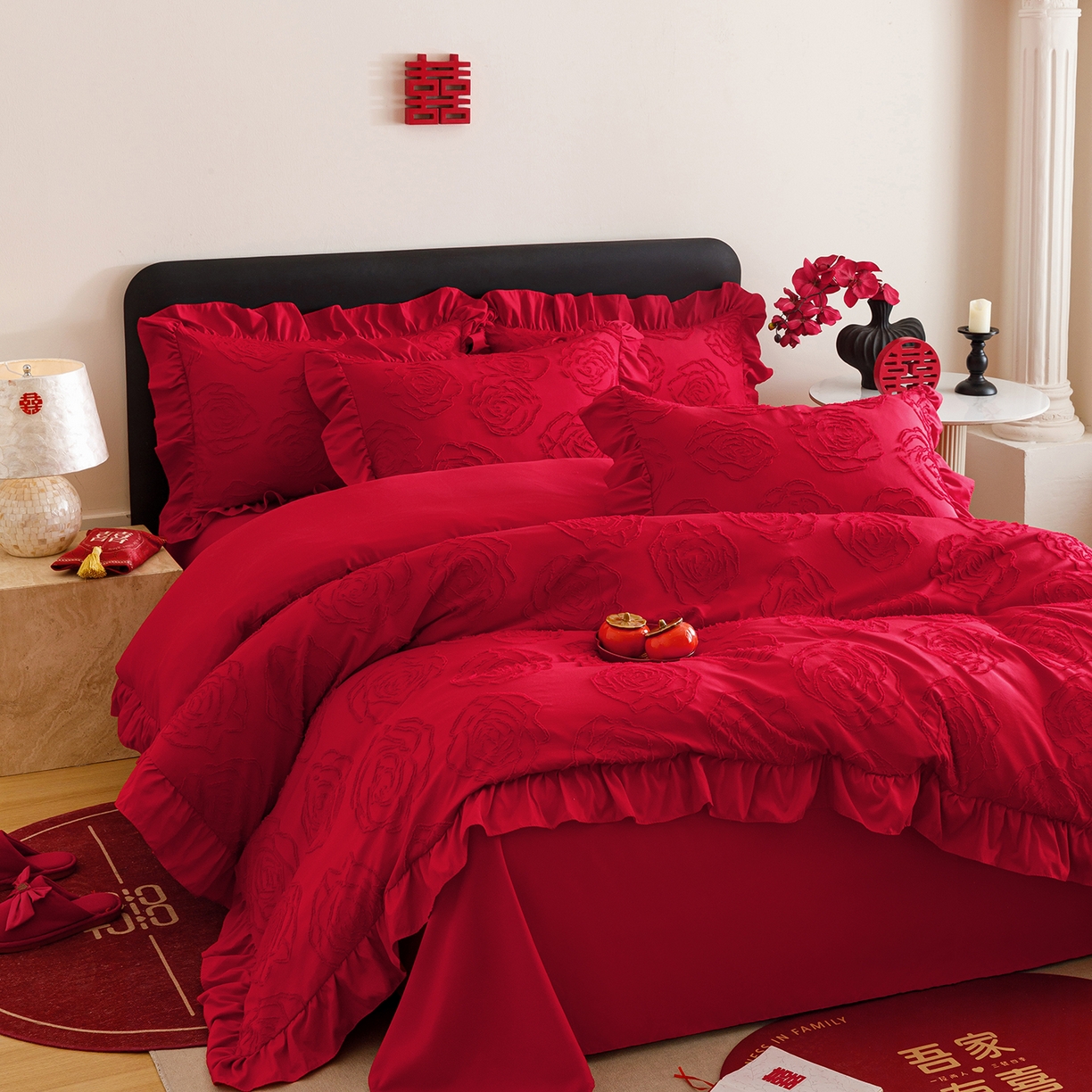 91家纺网 家纺一手货源 找家纺 千希家纺 2025新款加厚斜纹剪花工艺婚庆四件套（提供买家秀） 玫瑰报喜