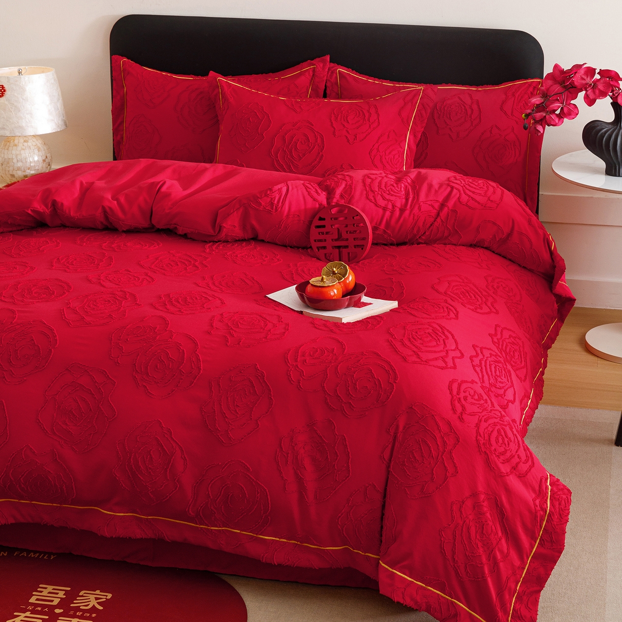 91家纺网 家纺一手货源 找家纺 千希家纺 2025新款加厚斜纹剪花工艺婚庆四件套（提供买家秀） 真爱永恒