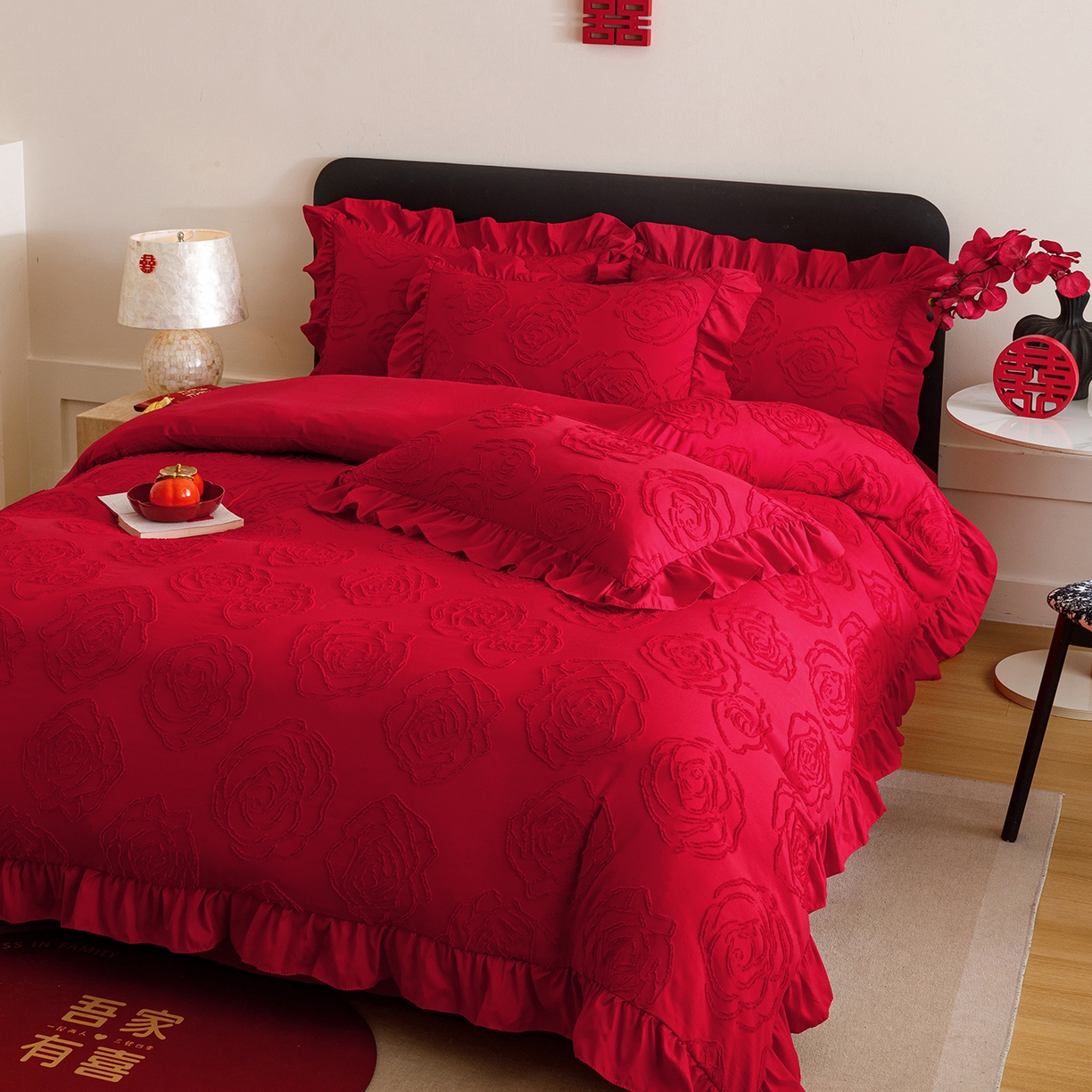 91家纺网 家纺一手货源 找家纺 （总）千希家纺 2025新款加厚斜纹剪花工艺婚庆四件套（提供买家秀）