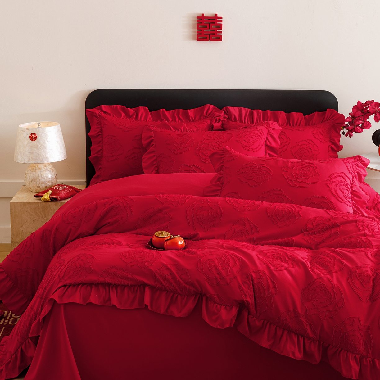 91家纺网 家纺一手货源 找家纺 千希家纺 2025新款加厚斜纹剪花工艺婚庆四件套（提供买家秀） 玫瑰报喜