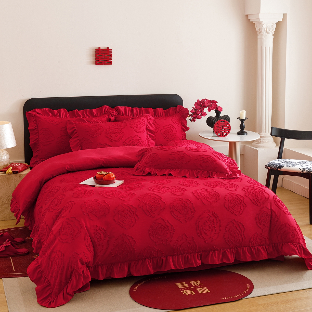 91家纺网 家纺一手货源 找家纺 千希家纺 2025新款加厚斜纹剪花工艺婚庆四件套（提供买家秀） 玫瑰报喜