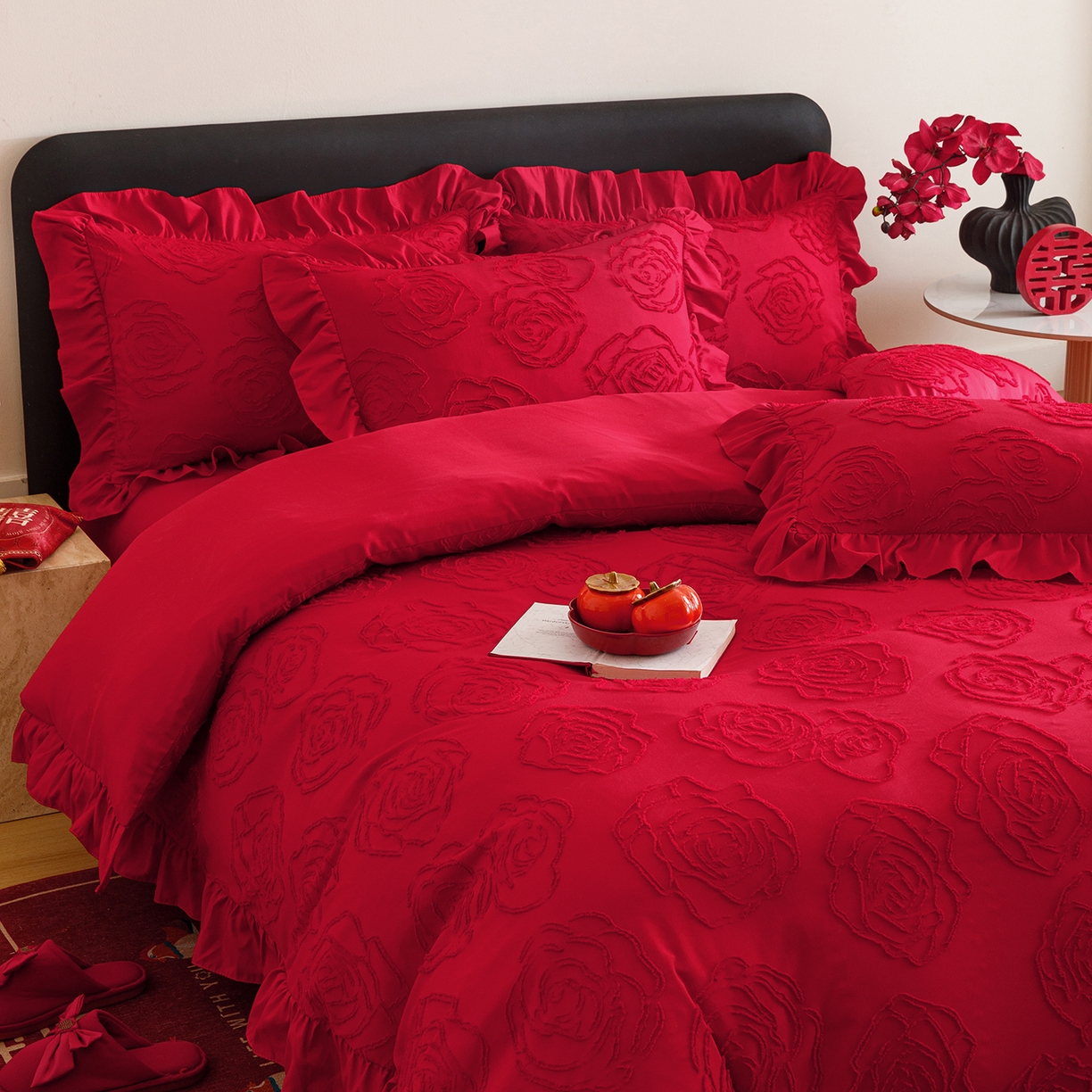 千希家纺 2025新款加厚斜纹剪花工艺婚庆四件套（提供买家秀） 玫瑰报喜