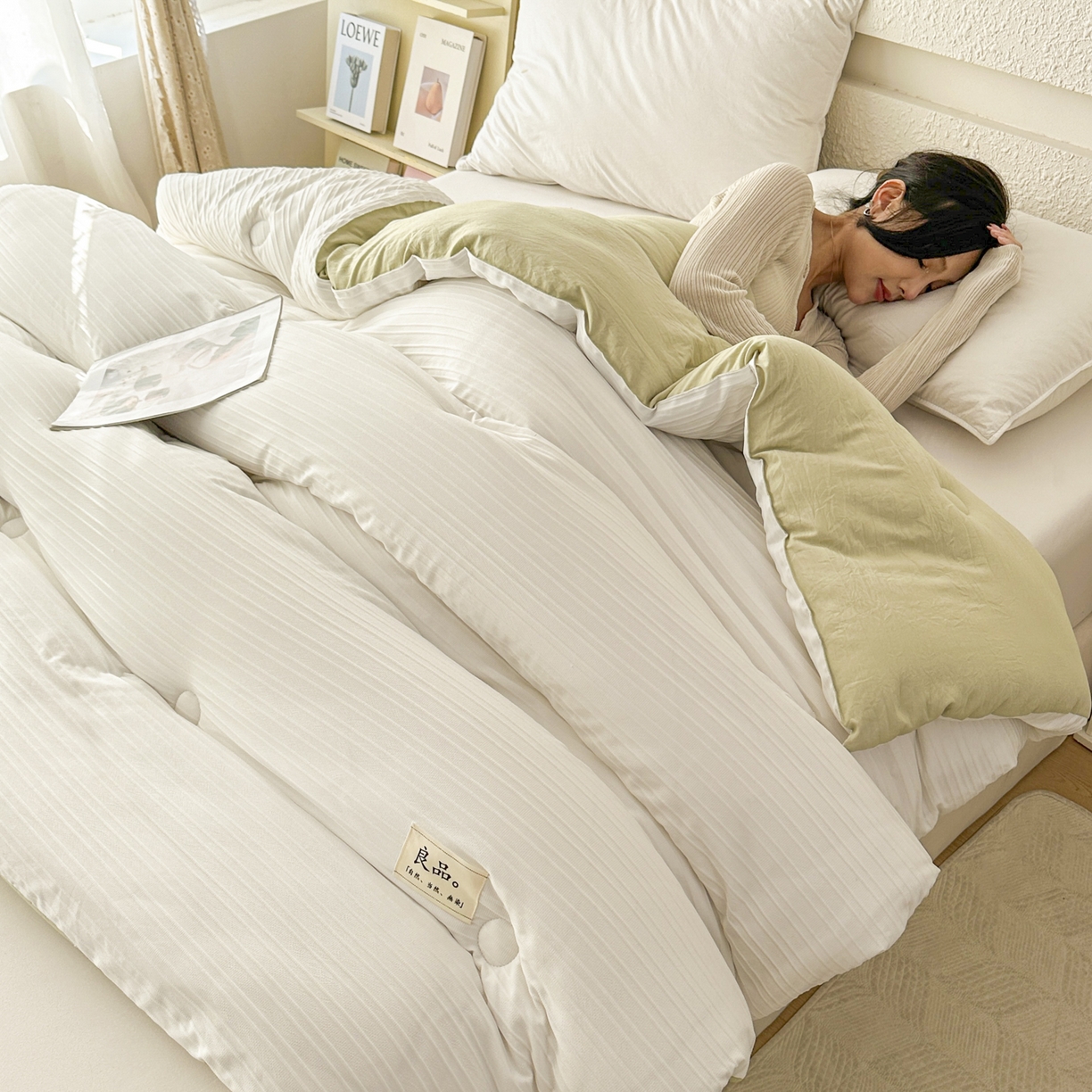 91家纺网 家纺一手货源 找家纺 尊妙被业 2025新款新疆棉花被冬被春秋被被子被芯-良品条纹 良品条白+绿