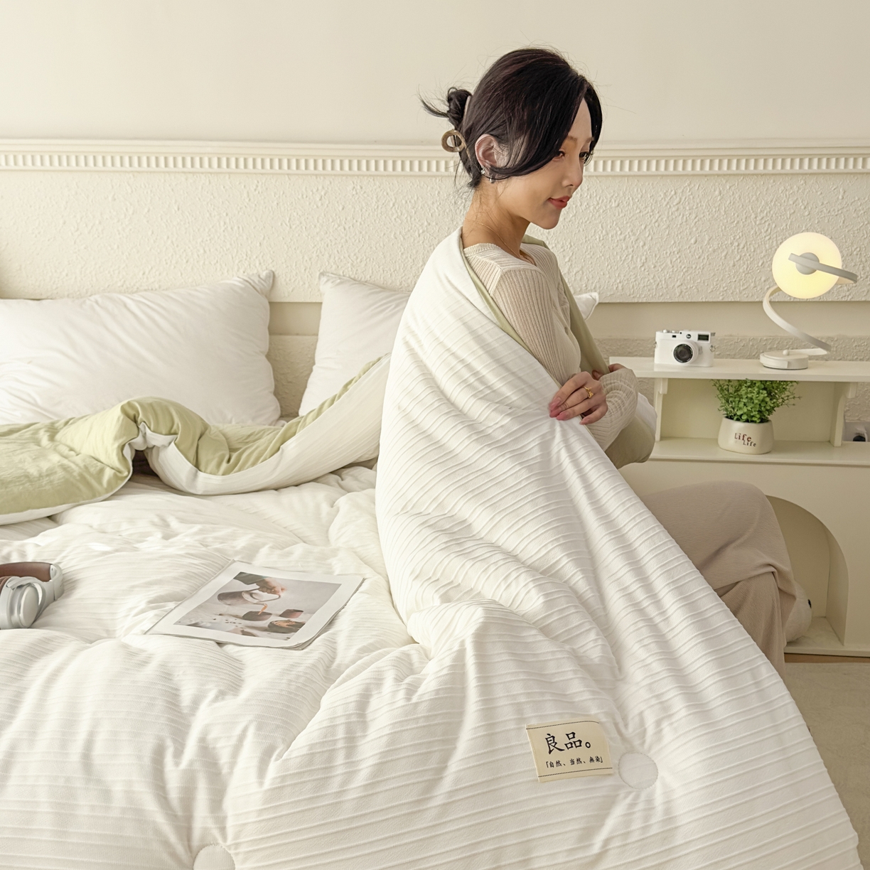 91家纺网 家纺一手货源 找家纺 尊妙被业 2025新款新疆棉花被冬被春秋被被子被芯-良品条纹 良品条白+绿
