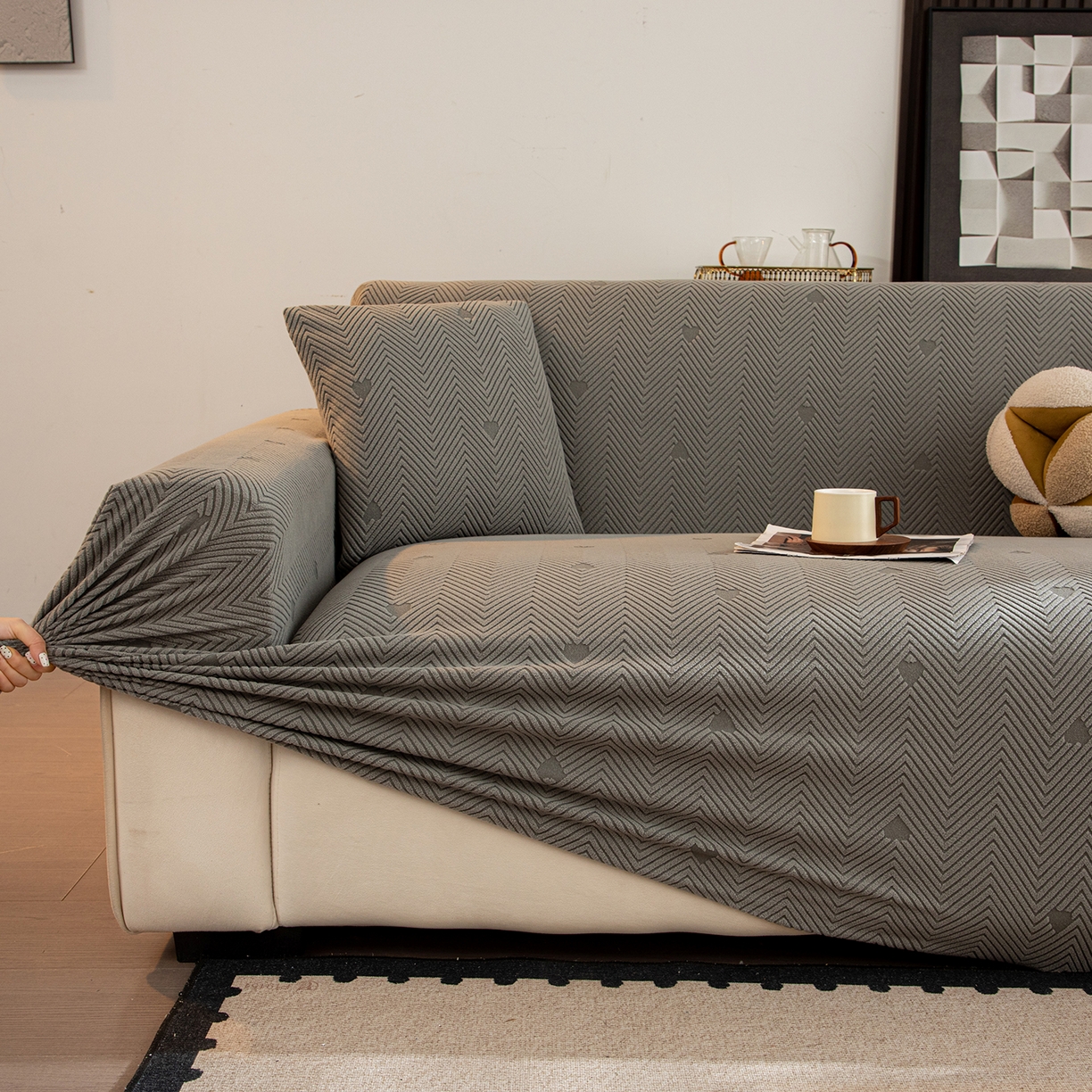 91家纺网 家纺一手货源 找家纺 沐沐家纺 2026新款丘比特沙发套 浅灰