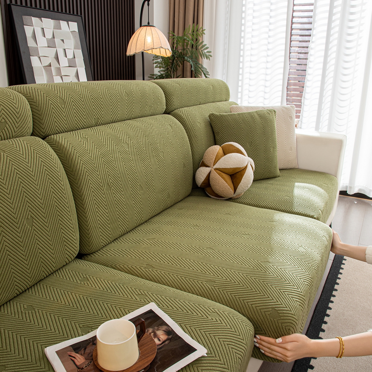 91家纺网 家纺一手货源 找家纺 沐沐家纺 2026新款丘比特沙发笠 墨绿