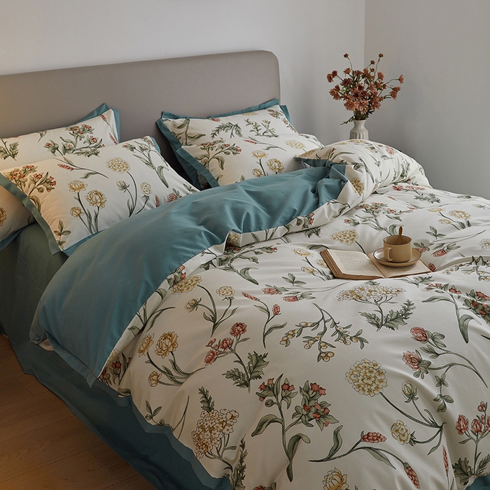 91家纺网 家纺一手货源 找家纺 咏绒家纺工厂店 2025新款全棉高定印花磨毛拼角四件套 春晓