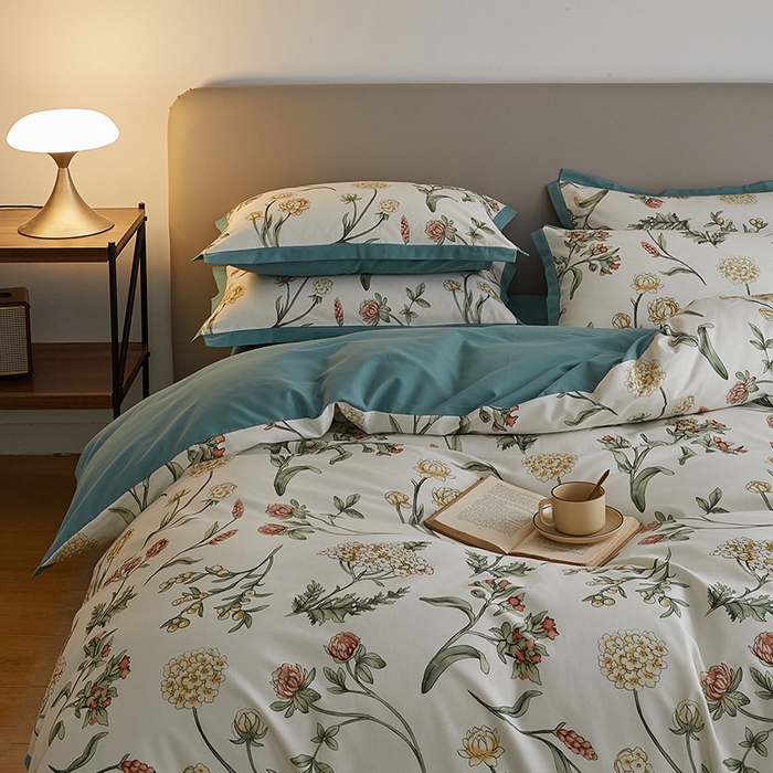 91家纺网 家纺一手货源 找家纺 咏绒家纺工厂店 2025新款全棉高定印花磨毛拼角四件套 春晓