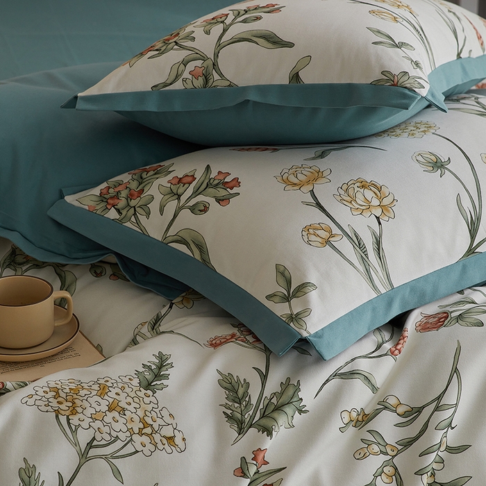 91家纺网 家纺一手货源 找家纺 咏绒家纺工厂店 2025新款全棉高定印花磨毛拼角四件套 春晓