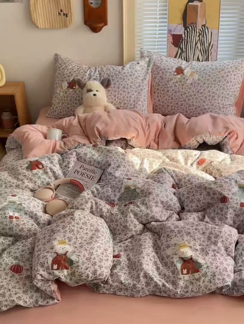 91家纺网 家纺一手货源 找家纺 （总）星禾优选 2025新款A类仿棉四件套古法水洗棉小清新印花四件套单被套系列(提供买家秀)