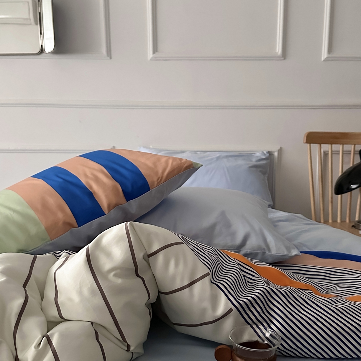 91家纺网 家纺一手货源 找家纺 柚可家居 2026新款50支数码活性套件-海港（手提袋+控价）套件会员减20元 严格控价券后不低于 328和348元 海港（枕套条纹+浅蓝）