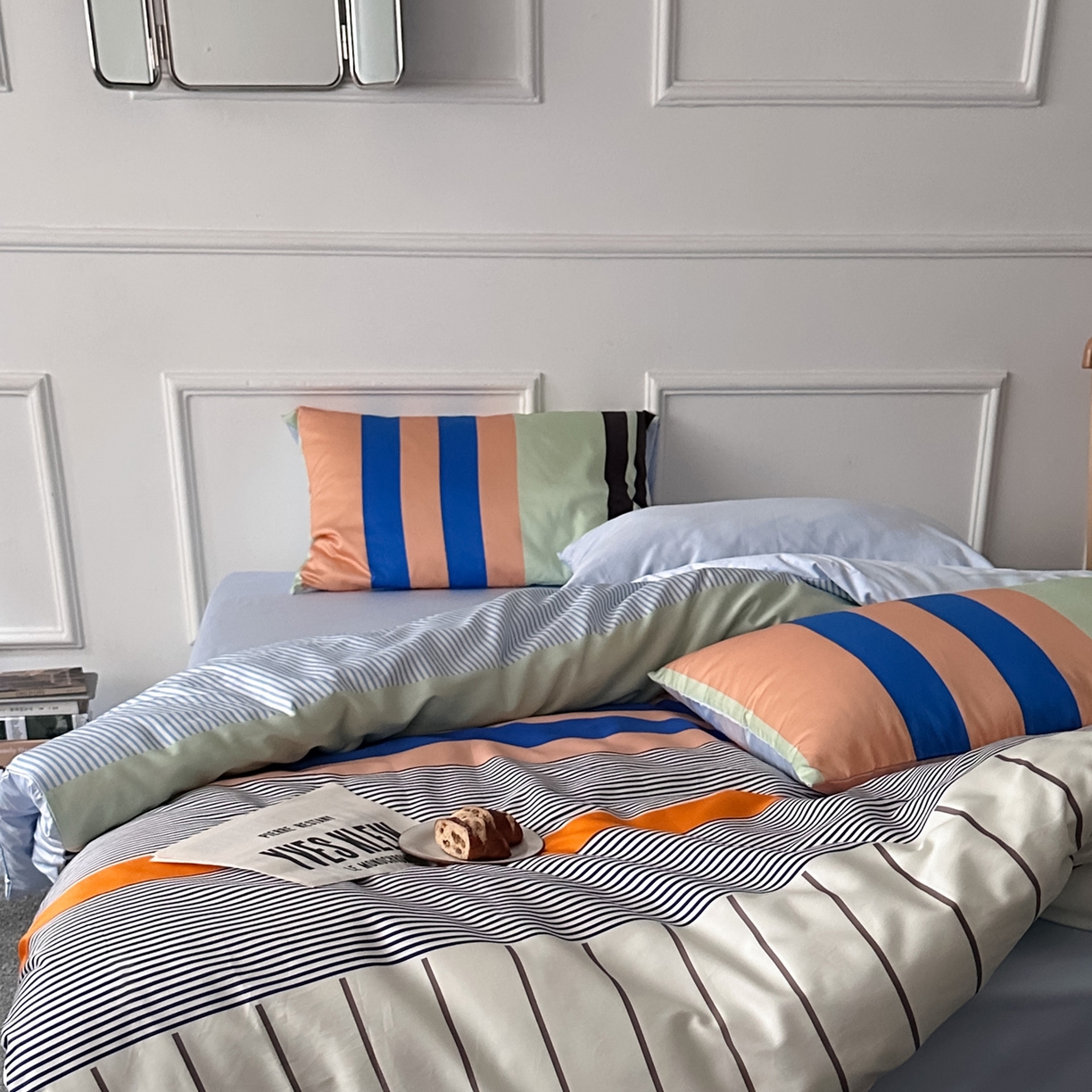 91家纺网 家纺一手货源 找家纺 柚可家居 2026新款50支数码活性套件-海港（手提袋+控价）套件会员减20元 严格控价券后不低于 328和348元 海港（枕套条纹）