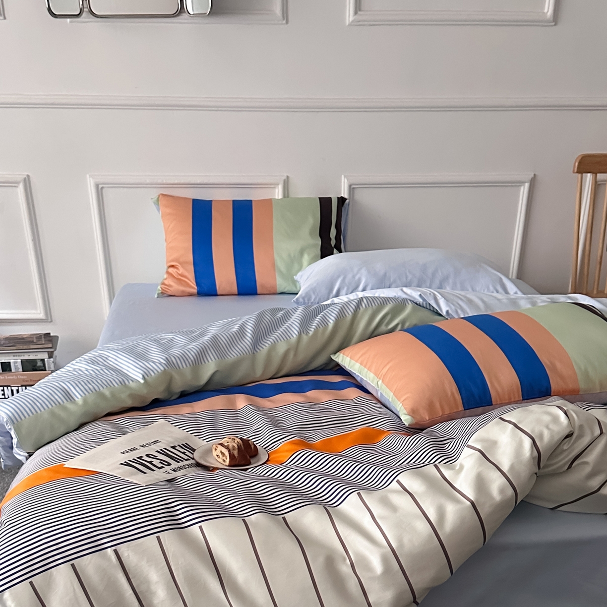 91家纺网 家纺一手货源 找家纺 柚可家居 2026新款50支数码活性套件-海港（手提袋+控价）套件会员减20元 严格控价券后不低于 328和348元 海港（枕套条纹）