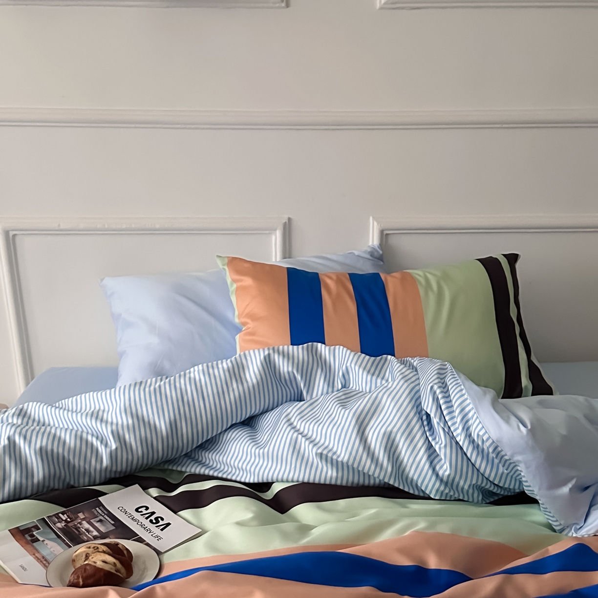 91家纺网 家纺一手货源 找家纺 柚可家居 2026新款50支数码活性套件-海港（手提袋+控价）套件会员减20元 严格控价券后不低于 328和348元 海港（枕套条纹）