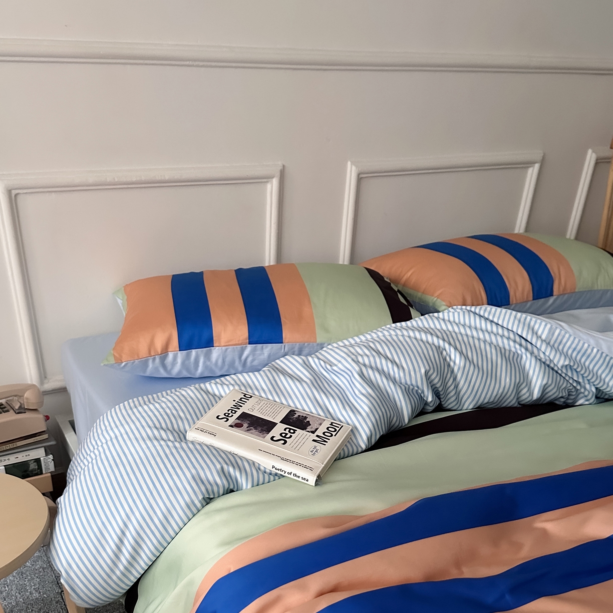 91家纺网 家纺一手货源 找家纺 柚可家居 2026新款50支数码活性套件-海港（手提袋+控价）套件会员减20元 严格控价券后不低于 328和348元 海港（枕套条纹）