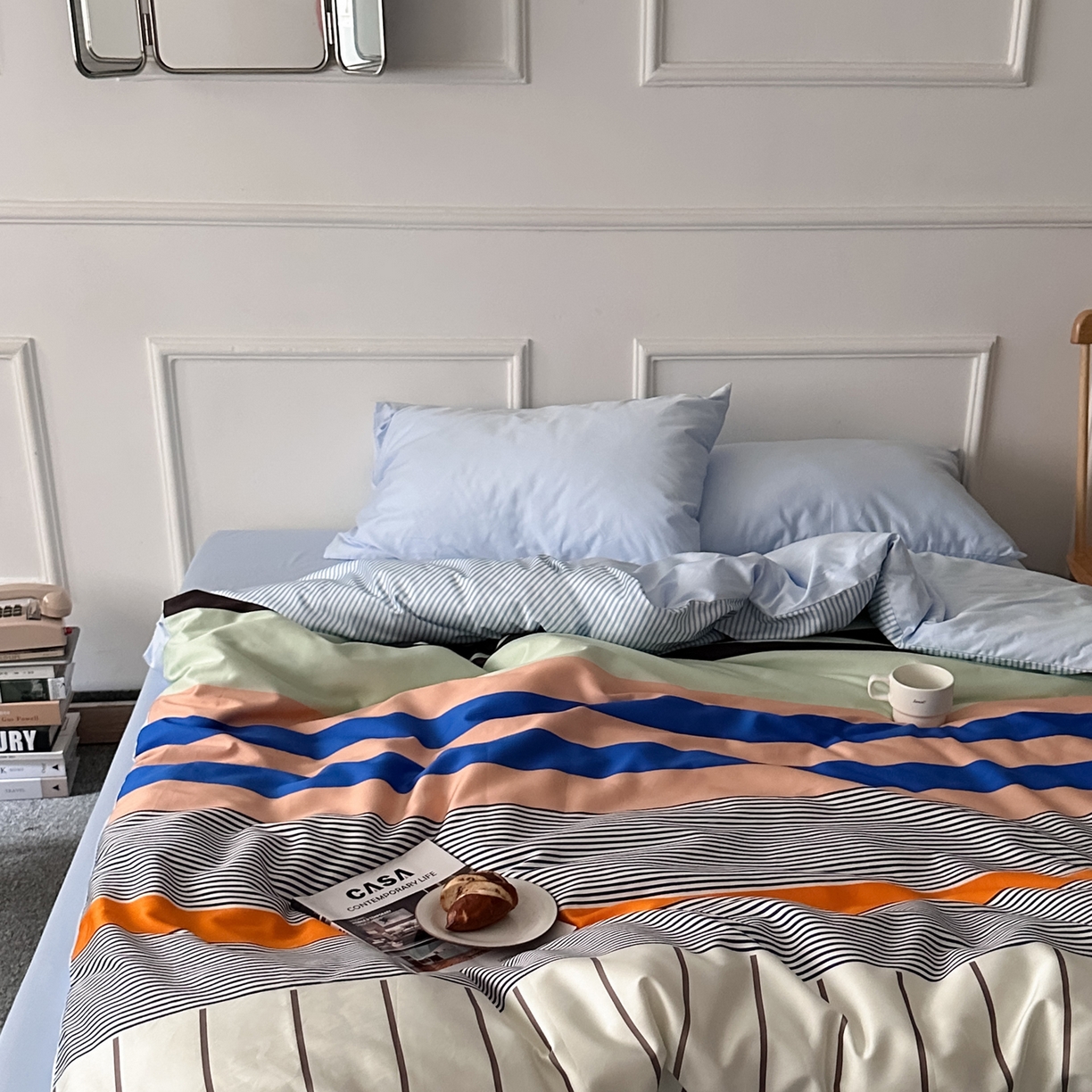 91家纺网 家纺一手货源 找家纺 柚可家居 2026新款50支数码活性套件-海港（手提袋+控价）套件会员减20元 严格控价券后不低于 328和348元 海港（枕套浅蓝）