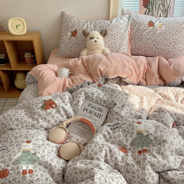 91家纺网 家纺一手货源 找家纺 星禾优选 2025新款A类仿棉四件套古法水洗棉小清新印花四件套单被套系列(提供买家秀) 百里兔