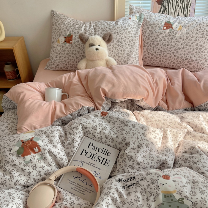 91家纺网 家纺一手货源 找家纺 星禾优选 2025新款A类仿棉四件套古法水洗棉小清新印花四件套单被套系列(提供买家秀) 百里兔