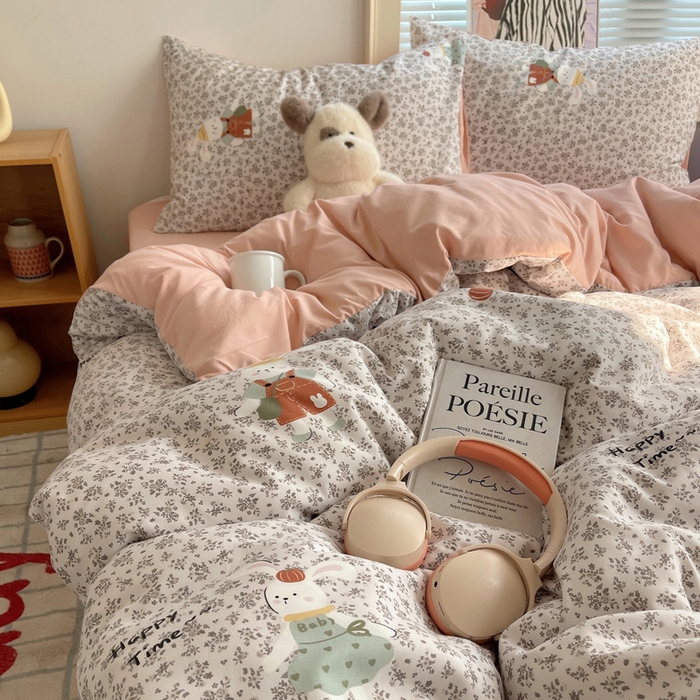 91家纺网 家纺一手货源 找家纺 星禾优选 2025新款A类仿棉四件套古法水洗棉小清新印花四件套单被套系列(提供买家秀) 百里兔