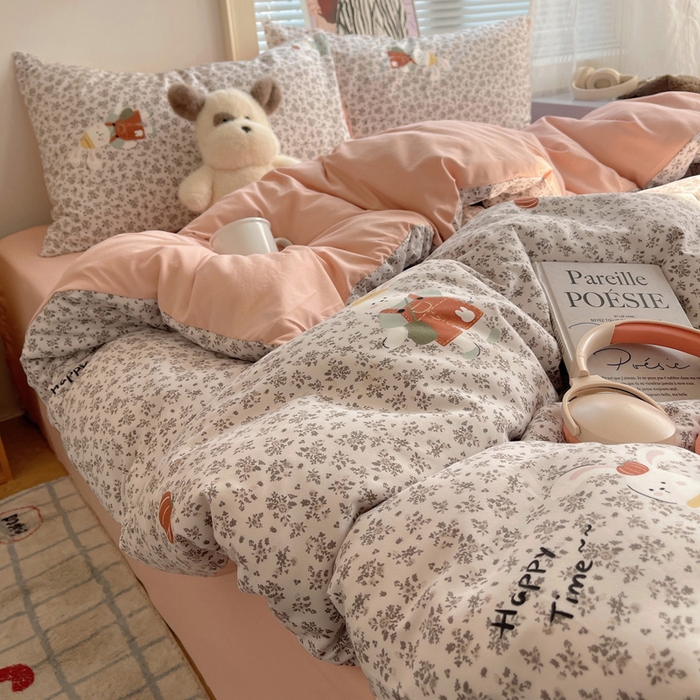 91家纺网 家纺一手货源 找家纺 星禾优选 2025新款A类仿棉四件套古法水洗棉小清新印花四件套单被套系列(提供买家秀) 百里兔