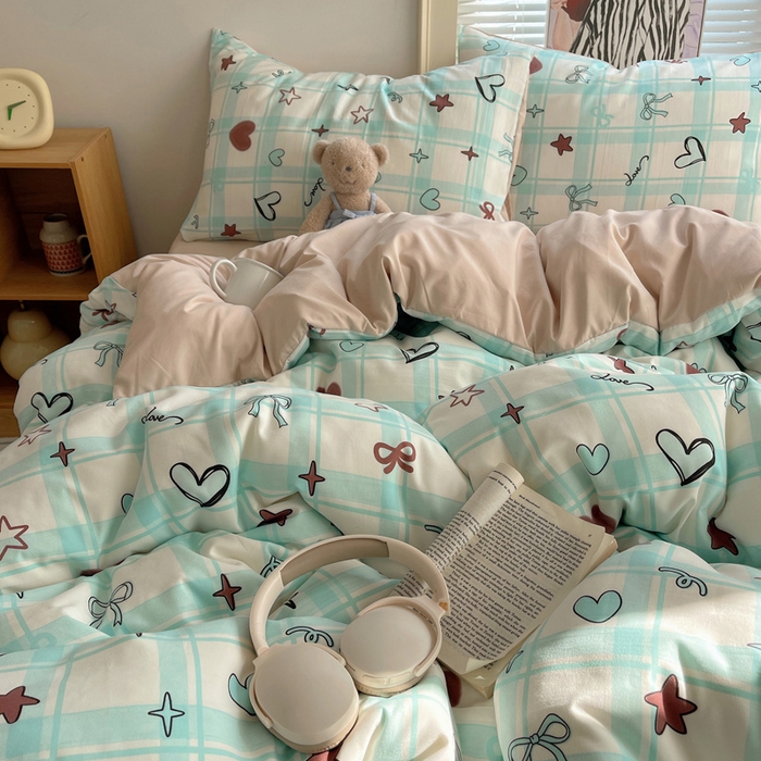 91家纺网 家纺一手货源 找家纺 星禾优选 2025新款A类仿棉四件套古法水洗棉小清新印花四件套单被套系列(提供买家秀) 薄荷奶咖