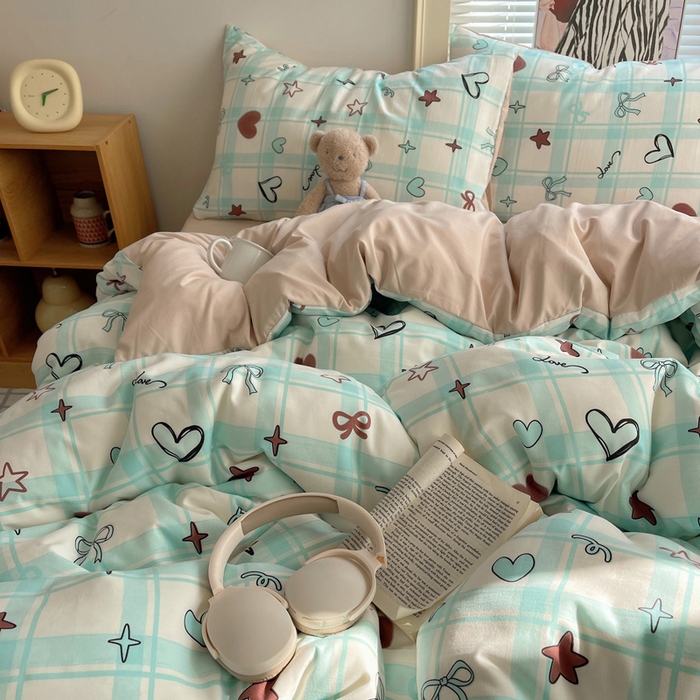 91家纺网 家纺一手货源 找家纺 星禾优选 2025新款A类仿棉四件套古法水洗棉小清新印花四件套单被套系列(提供买家秀) 薄荷奶咖