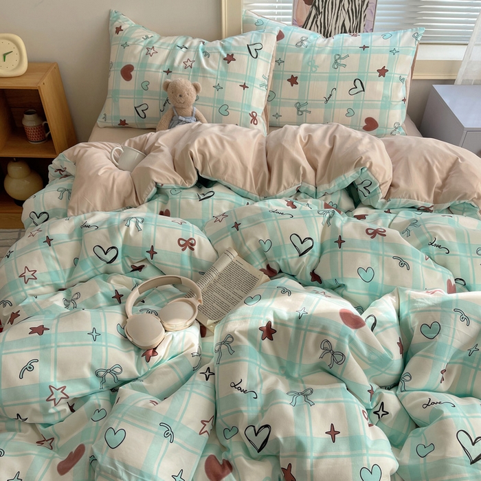 91家纺网 家纺一手货源 找家纺 星禾优选 2025新款A类仿棉四件套古法水洗棉小清新印花四件套单被套系列(提供买家秀) 薄荷奶咖