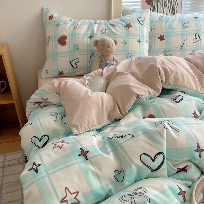 91家纺网 家纺一手货源 找家纺 星禾优选 2025新款A类仿棉四件套古法水洗棉小清新印花四件套单被套系列(提供买家秀) 薄荷奶咖