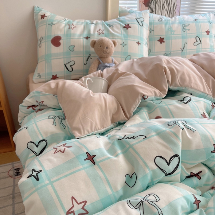 91家纺网 家纺一手货源 找家纺 星禾优选 2025新款A类仿棉四件套古法水洗棉小清新印花四件套单被套系列(提供买家秀) 薄荷奶咖