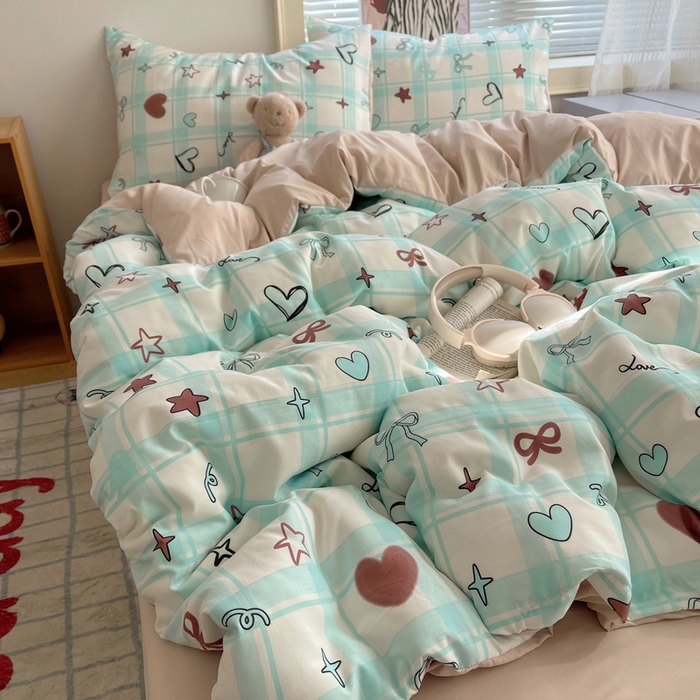 91家纺网 家纺一手货源 找家纺 星禾优选 2025新款A类仿棉四件套古法水洗棉小清新印花四件套单被套系列(提供买家秀) 薄荷奶咖