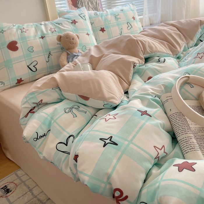 91家纺网 家纺一手货源 找家纺 星禾优选 2025新款A类仿棉四件套古法水洗棉小清新印花四件套单被套系列(提供买家秀) 薄荷奶咖